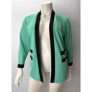 TanJay Petite Teal Open Front Knit Blazer Cardigan Black Trim PM Vintagecore 90'